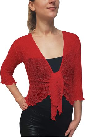 Mimosa Ladies Crochet Shrug Bolero Glitter or Plain Super Stretchy Lace Fish Net Tie at Waist Bolero Open Cardigan Fits UK 6-28 Magenta