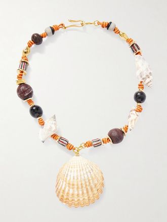 Tohum Design Collana Con Finitura Oro, Pelle, Conchiglia, Onice E Vetro Riciclato Samsara - Verde