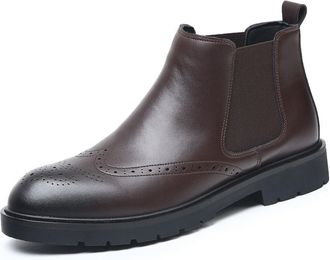 Generic Mens Slip on Chelsea Ankle Boots Round Toe Vintage Brogue Boots Flat Heel Smart Casual Shoes,Brown,7.5 UK