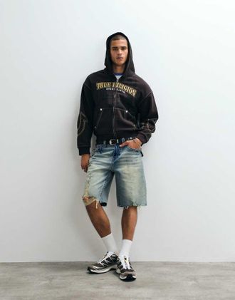 True Religion Bobby - Pantaloncini di jeans con fondo grezzo e tasche e tasca con patta blu lavaggio chiaro