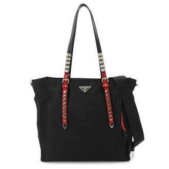 Prada Black Red Color Nylon Saffiano Handbag Shoulder Bag Tote Bag (Pre-Owned)