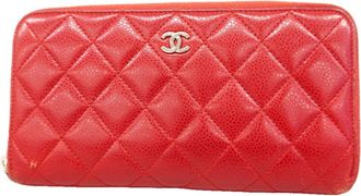 Chanel Red Color Grained Calfskin Long Wallet (Bi-Fold) (Pre-Owned)