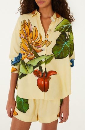 Farm Rio Fruit Print Linen Blend Button-Up Shirt in Yellow at Nordstrom, Size Xx-Small