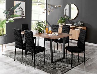 Furniturebox Kylo Large Brown Wood Effect Dining Table & 6 Velvet Milan Black Leg Chairs