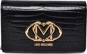 Love Moschino Crocodile-Embossed Black Shoulder Bag With Gold Logo Plaque