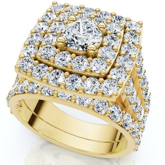 Pompeii3 3Ct Cushion Halo Diamond Engagement Wedding Ring Set Lab Grown 10k