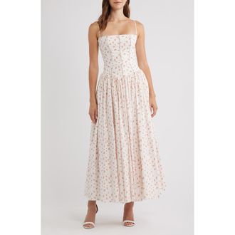 House of CB Ysabella Floral Stretch Cotton Maxi Sundress in White Rose Floral at Nordstrom, Size X-Large A