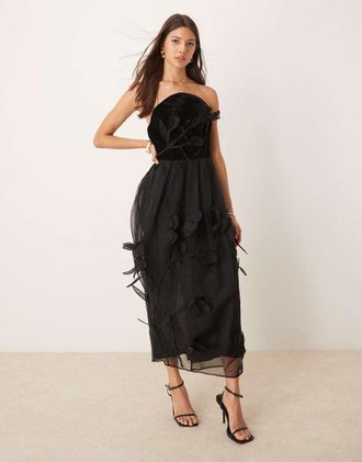 Asos ASOS Edition - Vestito midi a fascia nero in organza con applicazioni floreali in velluto
