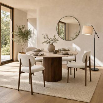 Furniturebox Penrose Round Cream Marble Effect Dining Table 4 Mirelle Chairs in Beige