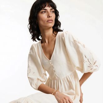 La Redoute Collections Lange jurk met V-hals en geborduurde mouwen