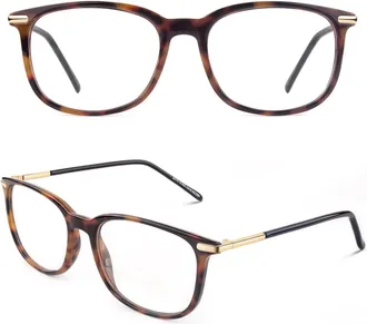 CGID Fake Glasses Men Women,High Fashion Metal Temple Horn Rimmed Clear Lens Glasses Frame,Full UV400 Protection CN79,Tortoise Shell