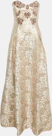Badgley Mischka Gold Sequin Embellished Brocade Strapless Gown