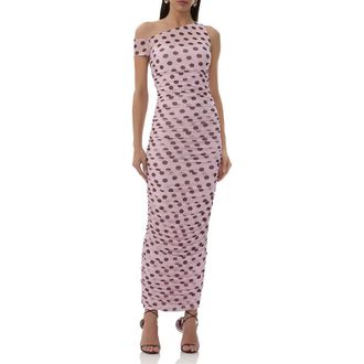 AFRM Biona Printed One-Shoulder Ruched Mesh Maxi Dress in Rose Dot at Nordstrom Rack, Size Medium