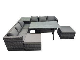 Fimous 8 Seater Garden Rattan Furniture Set with Side Table 2 Big Stool in Dark Grey