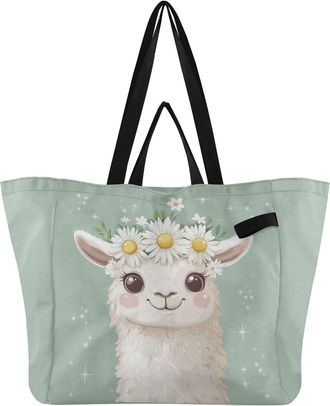 Generic Crown Llama Sage print Reusable Canvas Tote Bag, Heavy Duty Grocery Shopping Bag with Hard Bottom Double Handles Large Capacity Work Groceries Travel