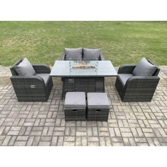 Fimous Rattan Outdoor Garden Furniture Sofa Set Gas Fire Pit Dining Table Gas Heater with Love Sofa 2 Small Footstool Dark Grey Mixed - Fimous