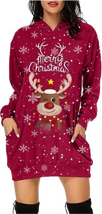 Generic Women Christmas Dress Merry Christmas Letters Snowflakes Wine Glass Xmas Prints Long Sleeve Hooded Loose Sweatshirt Dresses Outfits for Women (XL)