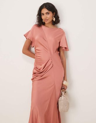 Asos Vestito lungo in raso color rosa crepuscolare con maniche con volant