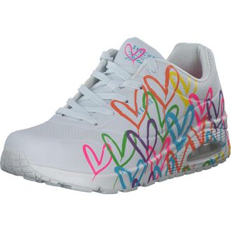 Skechers Womens UNO Highlight Love Sneaker, White and Multi Heart Print Duraleather/WHI, 3 UK