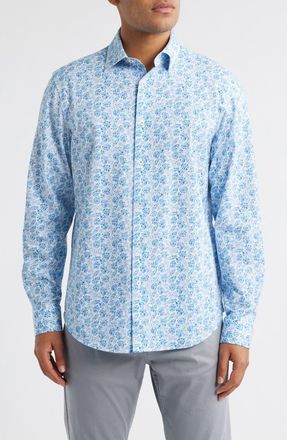 Bugatchi James OoohCotton Leaf Print Button-Up Shirt in Classic Blue at Nordstrom, Size Xxx-Large