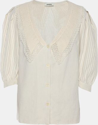 Sandro Cream Stripe Linen Blend Lace Trip Blouse