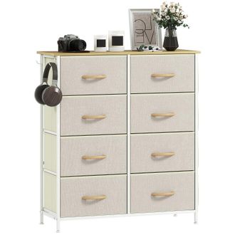 STILVORA C&oacute;moda De Dormitorio Con 8 Cajones De Tela, Soportes De Acero, Superficie De Madera, 4 Bolsillos De Almacenamiento, 2 Ganchos, Beige