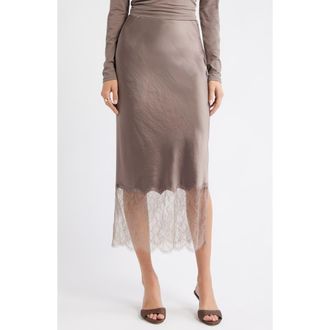 Open Edit Lace Trim Satin Midi Skirt in Tan Dusk at Nordstrom Rack, Size X-Small