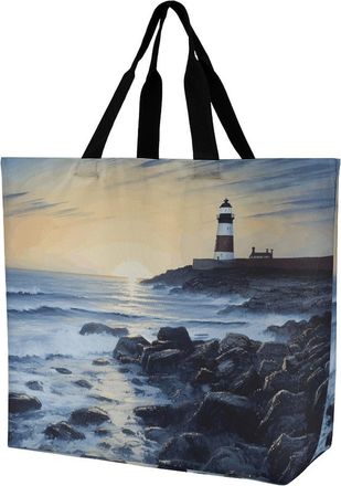 Generic The Seaside Lighthouse Women Handbag Waterproof Shopping Bag Reusable Shoulder Bags For Daily Use Travel Picnic