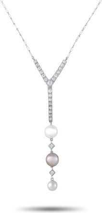 Luxury Bazaar Platinum 18K White Gold 0.85ct Diamond and Pearl Vintage Pendant Necklace MF04-073026