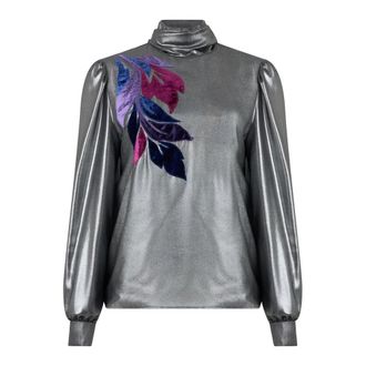 Alberta Ferretti Overhemden, Dames, Grijs, XL, Polyester, Elegante trui met bloemenborduurwerk