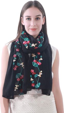 Lina & Lily Embroidered Floral Tassel Scarf Shawl Lightweight (Black)