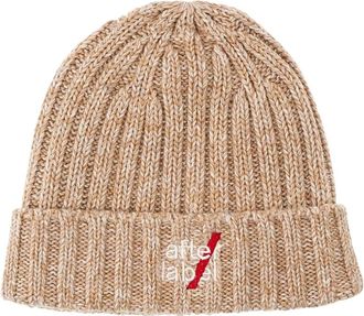 Afterlabel Accessoires, Heren, Beige, ONE Size, Katoen, Geribbelde Wollen en Katoenen Beanie met Logo