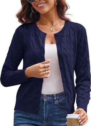 Grace Karin Casual Cardigan Sweater Crew Neck Long Sleeve Lightweight Cropped Cardigans Elegant Short Cardigan Tops M Blue