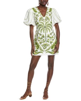 Farm Rio Farm Rio Milani Off-White V Neckline Short Sleeve Linen Mini Dress