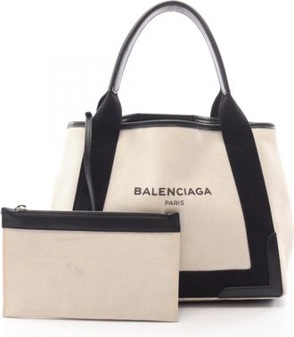 Balenciaga Black Ivory Canvas Leather Handbag Pouch Tote Bag (Pre-Owned)