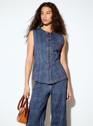 Icone Womens Terry underside faux-denim cinched waist vest