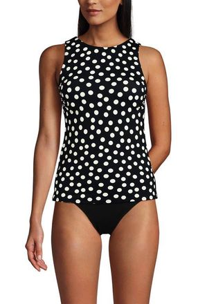 Lands End DD-Cup High Neck UPF 50 Sun Protection Modest Tankini Swimsuit Top in Black/egret White Tossed Dots at Nordstrom, Size 10