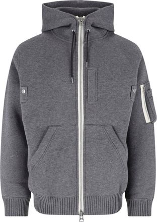 sacai Grey Zip-Up Cotton-Blend Hoodie