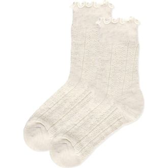 MeMoi Heart Ruffle Cuff Cotton Blend Pointelle Crew Socks in White at Nordstrom, Size 9