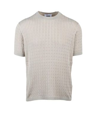 Alpha Studio Beige Cotton Cable Knit Crew Knit Top