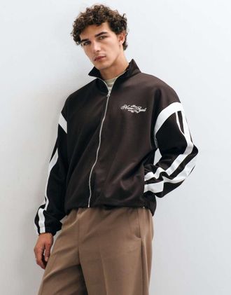 Asos felpa oversize con collo alto e zip, pannelli applicati e ricamo sul petto, marrone