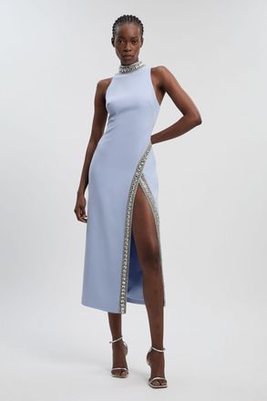 Karen Millen Womens Crystal Embellished Woven Thigh Split Maxi - Blue - Size 14 UK