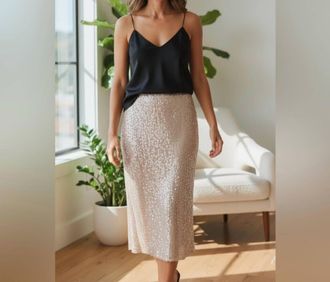 Vince Camuto Elegant Sequin Midi Skirt In Rose Gold