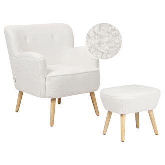 Beliani Beliani - Conjunto Sill&oacute;n Y Reposapi&eacute;s Moderno Boho Tapizado Botones Blanco Liso Boucl&eacute; Tumba