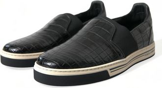 Dolce & Gabbana Mens Black Croc Exotic Leather Sneakers Shoes