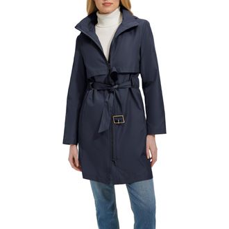 Cole Haan Belted Travel Packable Hooded Rain Jacket in Indigo at Nordstrom Rack, Size X-Small