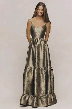 V. Chapman Avery Scoop-Neck Tiered Floral Brocade Maxi Dress