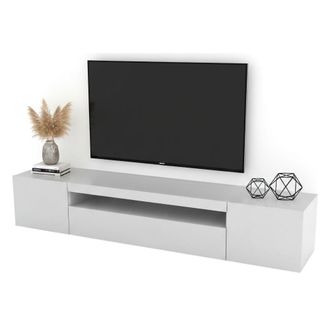 Dmora Dmora - Mueble Para Tv Para Sal&oacute;n, Made In Italy, Mueble Para Tv Con 3 Puertas Y Estantes, Cm 200x40h37, Color Blanco Brillante, Con Luz Led Azul, Con