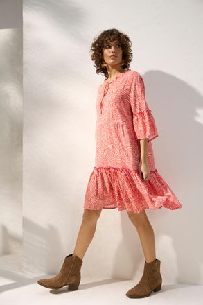 Bruno Banani Minikleid BRUNO BANANI, Damen, Gr. 34, N-Gr, coralle, gemustert, Web, Obermaterial: 100% Viskose, figurumspielend mini, Rundhals, Volant, Kleider Mini