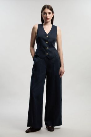 Karen Millen Womens Tailored Linen Wide Leg Trouser - Navy Lyocell - Size 12 UK